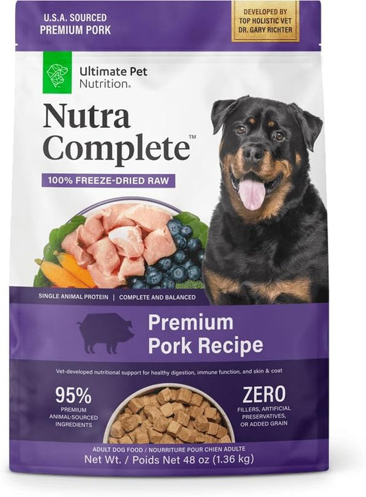 ULTIMATE PET NUTRITION Nutra Complete Raw Freeze Dried Dog Food, Veterinarian Formulated with Antioxidants, Prebiotics & Amino Acids (3 Pound, Pork)