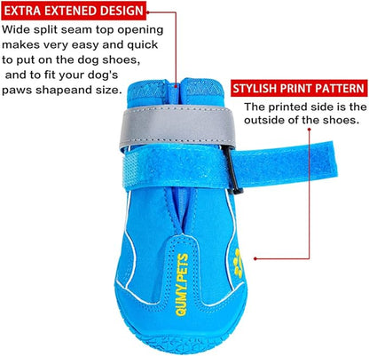 QUMY Dog Shoes for Large Dogs, Medium Dog Boots & Paw Protectors for Winter Snowy Day, Summer Hot Pavement, Waterproof in Rainy Weather, Outdoor Walking, Indoor Hardfloors Anti Slip Sole Blue 1
