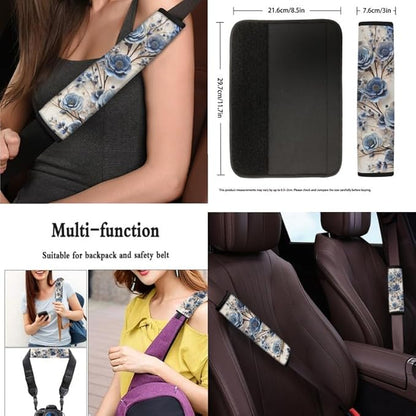 Blue Rose 13 PCS Car Seat Cover Full Set Flowers Painting Front Back Seat Covers Floral Art Steering Wheel Cover