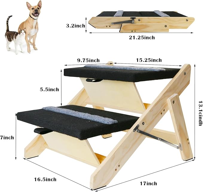 2-in-1 Indoor Pet Ramp, Wooden Folding 2-Tier Pet Stairs with Non-Slip Carpeted Steps, Ramp Perfect for Bed and Couch