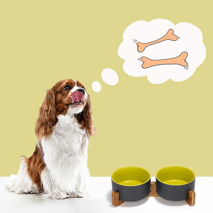 SPUNKYJUNKY Ceramic Dog and Cat Bowl Set with Wooden Stand, Modern Cute Weighted Food Water Set for Small Size Dogs (13.5OZ) & Medium Sized Dogs (28.7OZ) & Cats (3.6 Cups, 2 × Yellow-Grey)