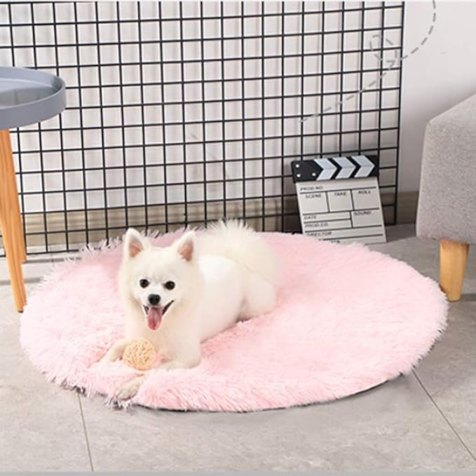 31 Inch Plush Dog Bed Mat Warm Fluffy Round Puppy Crate Pad with Anti-Slip Waterproof Bottom Soft Comfy Pet Kennel Mat for Small and Medium Dogs Sleeping(Light Pink)