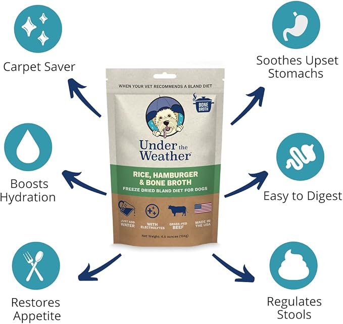 Under the Weather Easy to Digest Bland Diet for Sick Dogs - Always Be Ready - Contains Electrolytes - Gluten Free, All Natural, Freeze Dried 100% Human Grade Meats - Hamburger, Rice & Bone Broth