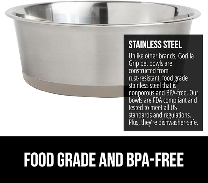 Gorilla Grip Stainless Steel Metal Dog Bowl Set of 2, Rubber Base, Heavy Duty Feeding Dishes, Food Grade BPA Free, Less Sliding, Quiet Pet Bowls for Cats and Dogs, Holds 2 Cups (16 fl oz), Beige