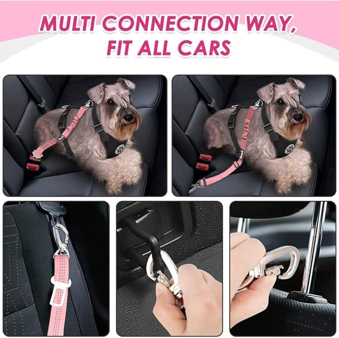 Lukovee Dog Seat Belt for Car, Adjustable Dog Car Harness for Large Medium Small Dogs, Soft Padded & Breathable Mesh Dog Seatbelt with Car Strap and Carabiner(Pink Double Clip,Medium)