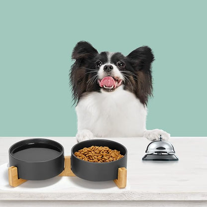 SPUNKYJUNKY Ceramic Dog and Cat Bowl Set with Wooden Stand, Modern Cute Weighted Food Water Set for Small Size Dogs (13.5OZ) & Medium Sized Dogs (28.7OZ) & Cats (1.7 Cups, 2 × Black)