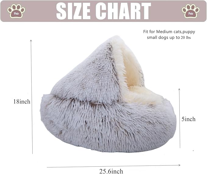 Calming Round Dog Beds &Cat Cave Bed with Hooded Cover 25.6X 25.6inch)