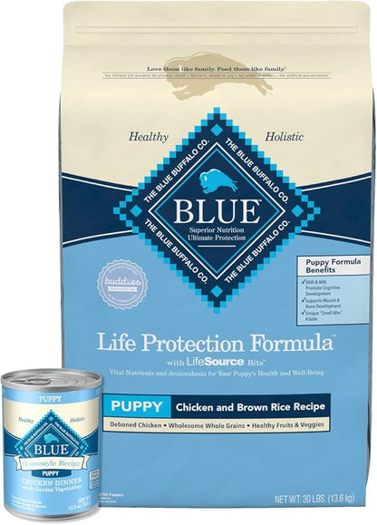 Blue Buffalo Life Protection Formula Natural Puppy Dry Dog Food and Wet Puppy Food, Chicken (30-lb Dry Food + 12.5oz cans 12ct)