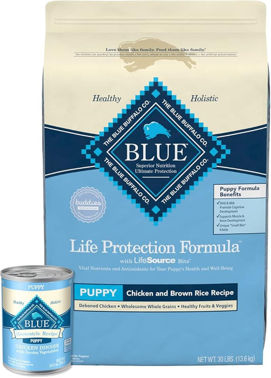 Blue Buffalo Life Protection Formula Natural Puppy Dry Dog Food and Wet Puppy Food, Chicken (30-lb Dry Food + 12.5oz cans 12ct)