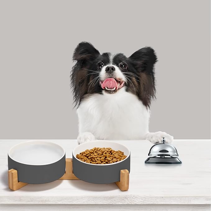 SPUNKYJUNKY Ceramic Dog and Cat Bowl Set with Wooden Stand, Modern Cute Weighted Food Water Set for Small Size Dogs (13.5OZ) & Medium Sized Dogs (28.7OZ) & Cats (1.7 Cups, 2 × White-Grey)