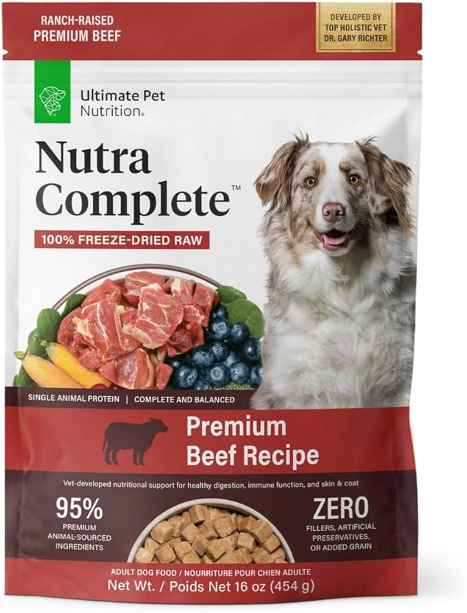 ULTIMATE PET NUTRITION Nutra Complete, 100% Freeze Dried Veterinarian Formulated Raw Dog Food with Antioxidants Prebiotics and Amino Acids, (1 Pound, Beef)