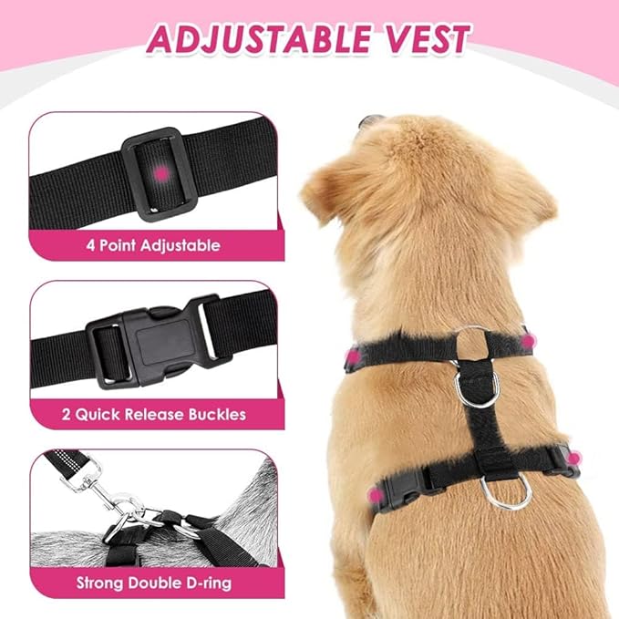 Lukovee Dog Seat Belt for Car, Adjustable Dog Car Harness for Large Medium Small Dogs, Soft Padded & Breathable Mesh Dog Seatbelt with Car Strap and Carabiner(Pink Double Clip,Medium)