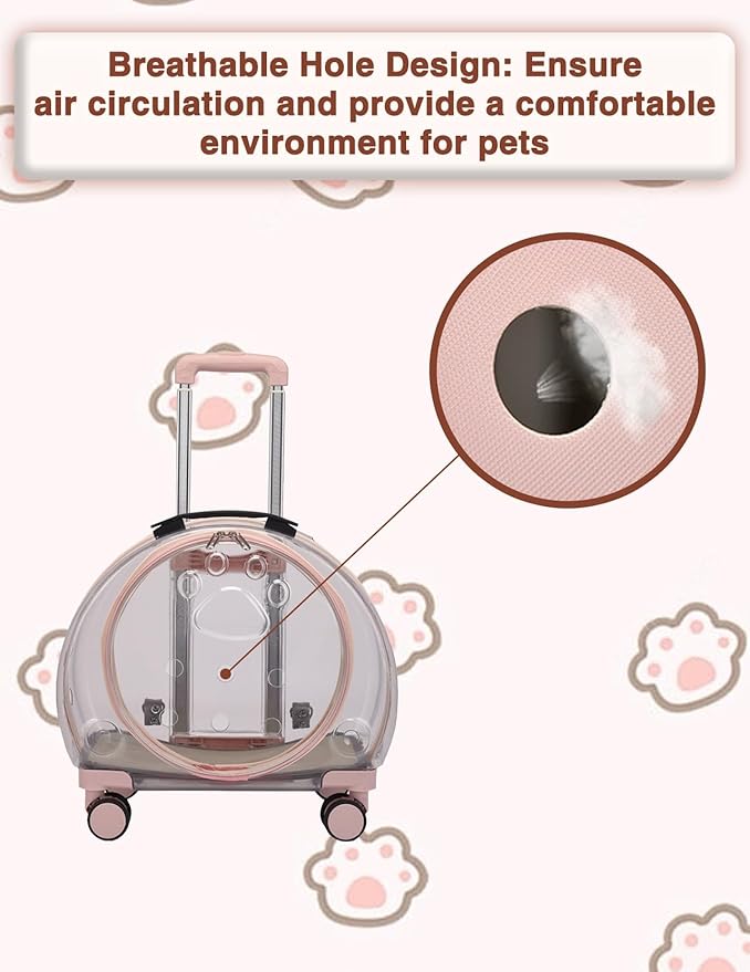 Cat Carrier with Wheels, Acrylic Rolling Cat Carrier with Retractable Pull Rods and Swivel Wheels, Comfortable and Breathable Pet Carrier with Wheels for Small Pets Kittens Dogs Rabbits(Light Pink)