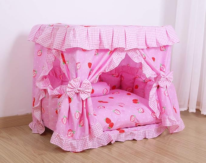 Princess Pink Strawberry Pet Dog Cat Handmade Bed House+1 Candy Pillow Canopy (L)