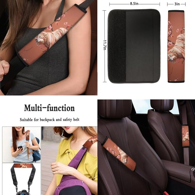 Orange Tiger Paper Sculpture 13 PCS Car Seat Cover Flower Tigers Full Set Front Back Seat Covers Steering Wheel Cover