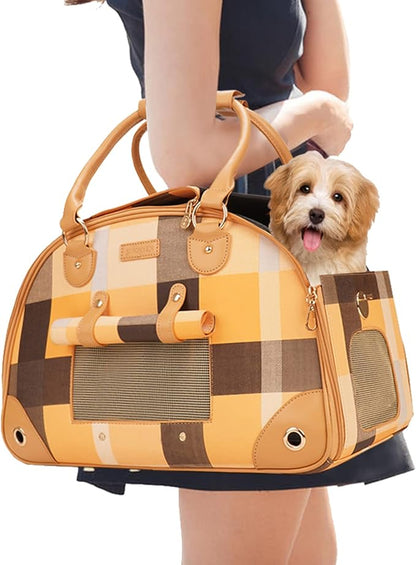 Dog Carrier, Cat Carrier, Pet Carrier, Foldable Premium PU Leather Dog Purse, Portable Tote Bag Carrier for Small to Medium Cats and Small Dogs（Plaid-Small）