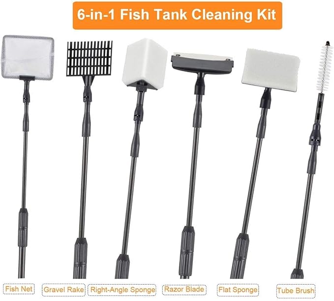 hygger Carbon Fiber 6 in 1 Aquarium Cleaning Tool Kit Scraper Scrubber Pad Sponge Telescopic Handle Fish Tank Brush Cleaner Set for Saltwater Freshwater