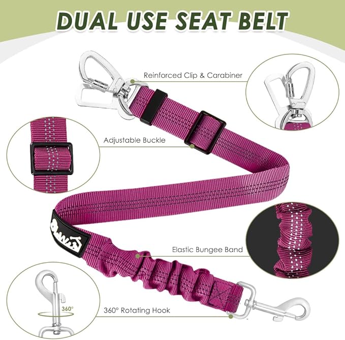 Lukovee Dog Seat Belt for Car, Adjustable Dog Car Harness for Large Medium Small Dogs, Soft Padded & Breathable Mesh Dog Seatbelt with Car Strap and Carabiner(Rose Double Clip,Large)