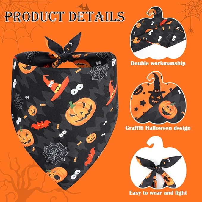 Vivifying Halloween Dog Bandanas 2 Pack, Sorceress Hat and Pumpkins Halloween Accessories for Pets, Dog Scarf Costume for Trick-or-Treating, Photo Prop, and Party Decor (Large, Orange & Black)