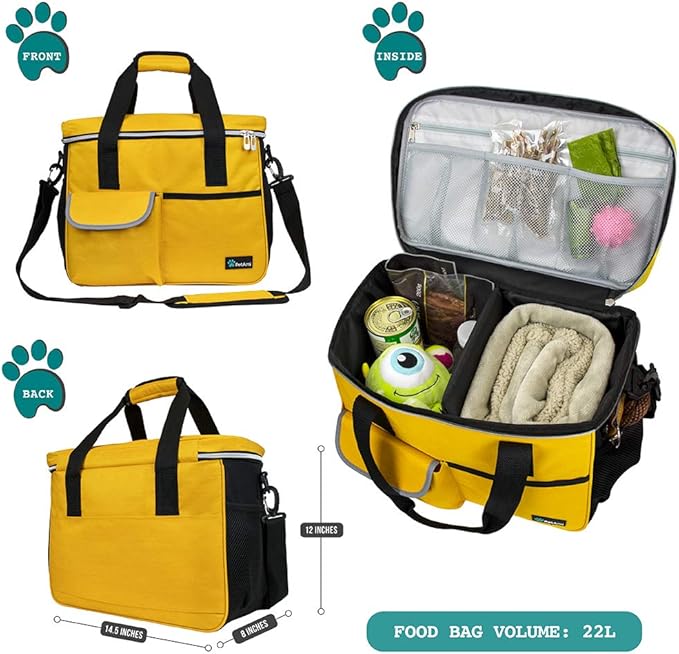 PetAmi Dog Travel Bag, Travel Pet Bag Organizer, Dog Food Travel Bag with Food Container and Bowls, Dog Travel Supplies Gift Accessories for Weekend Camping, Dog Cat Diaper Bag (Yellow, Medium)