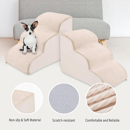 High Density Foam Dog Stairs Steps 17.8’’ Non-Slip 3-Tiers (Beige)