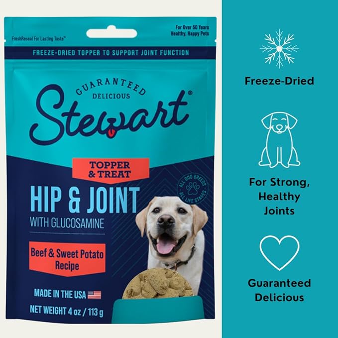 Stewart Freeze Dried Dog Food Topper, Hip and Joint, Beef and Sweet Potato Recipe, 4 Ounce Pouch, Glucosamine for Healthy Joints