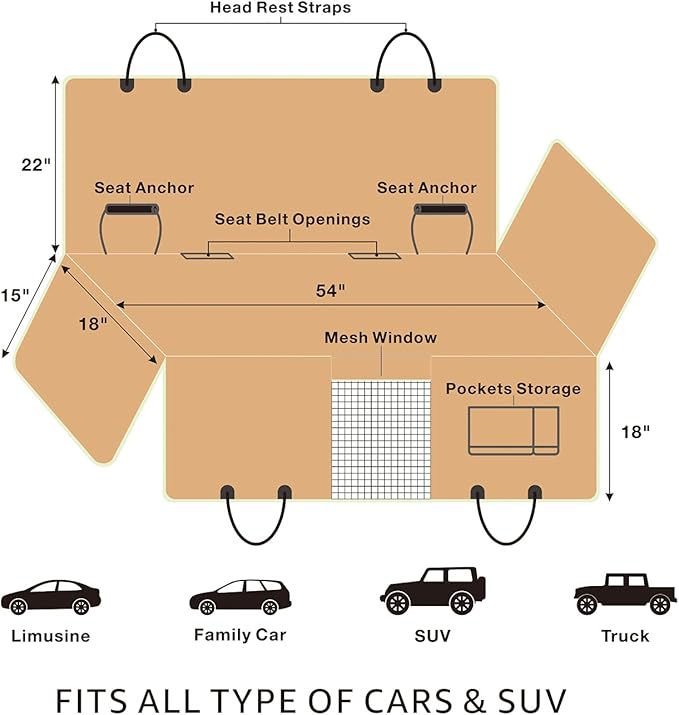 Lassie Dog Car Seat Covers for Back Seat Waterproof with Mesh Visual Window Durable Scratchproof Nonslip Dog Car Hammock with Universal Size Fits for Cars