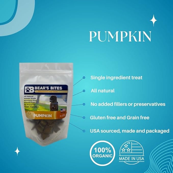 Bear's Bites - All Natural, Single Ingredient, Made in The USA Dehydrated Pumpkin Dog Treats 3 oz