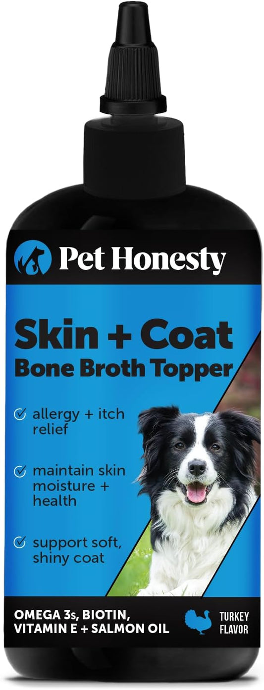 Pet Honesty Dog Skin and Coat Supplement with Salmon Oil for Dogs - Allergy Itch Relief + Skin & Coat Health, Dog Food Topper Bone Broth with Salmon Oil, Collagen, Biotin + Vitamin E (12 oz)