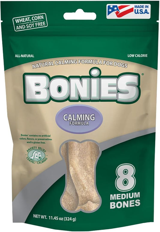 Bonies Natural Calming Formula Medium-Sized Single Bone - Contains Chamomile & Lavender, Help Anxiety, Excessive Barking & Trembling, Chicken Flavor, [Medium Dog], 8 Bones