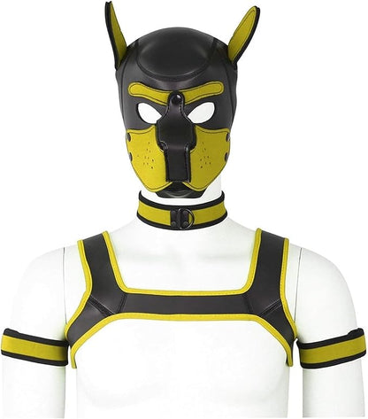 4 Sets Neoprene Puppy Hood Animal Head Mask Novelty Costume Dog (Hood Mask + Collar + Armband + Harness) (Large, Yellow)