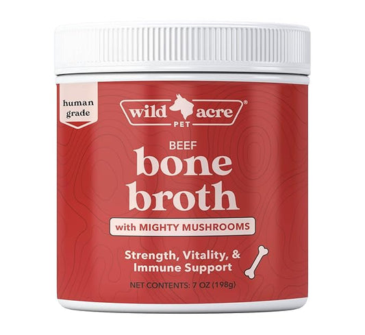 Wild Acre Premium Beef Bone Broth for Dogs – High Protein + Collagen Enhanced with Mushroom Blend for Strong Bones, Joint Flexibility, Digestive Comfort, and Immune Support - Natural Dog Food Topper