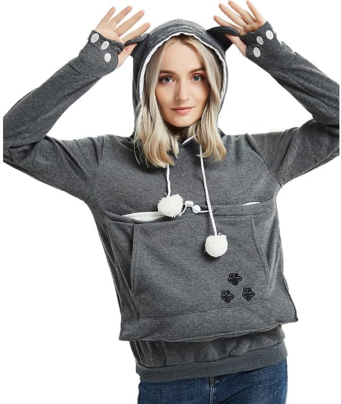 jessie Womens Pouch Hoodie Big Kangaroo Little Pet Dog Cat Carrier Sweatshirts (Dark Grey