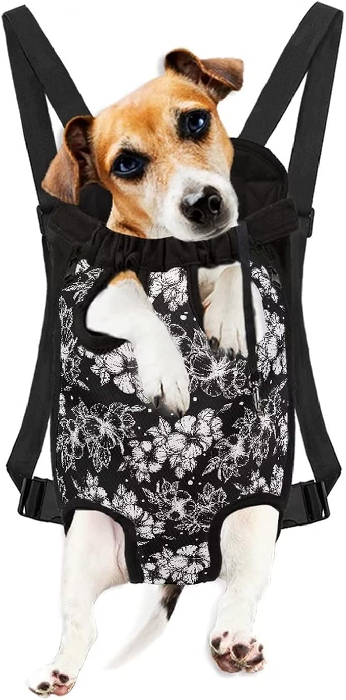 Black Floral Pattern Dog Carrier Adustable Backpack for Small Dedium Large Puppy Chest Backpack for Front,Breathable Leg Out Sling Rucksack for Travel,L