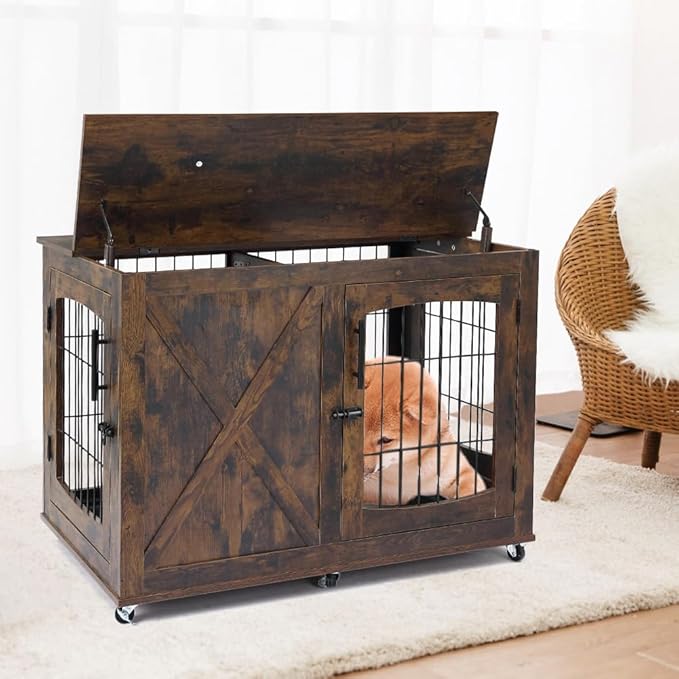 Dog Crate Furniture Side End Table with Flip Top and Movable Divider