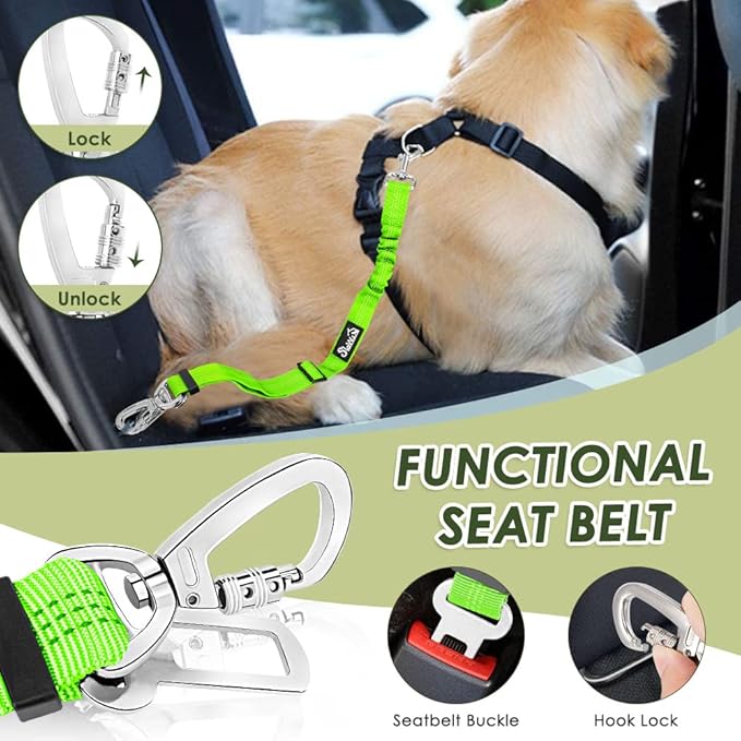 Lukovee Dog Seat Belt for Car, Adjustable Dog Car Harness for Large Medium Small Dogs, Soft Padded & Breathable Mesh Dog Seatbelt with Car Strap and Carabiner(Lime Green Double Clip,Large)