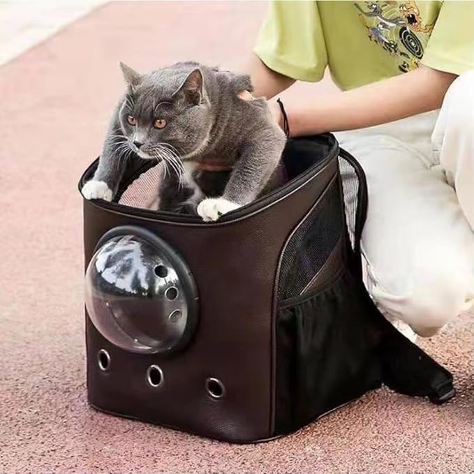 Eco-Friendly PU Leather Cat Travel Bag - Premium Pet Backpack Carrier for Small and Medium Cats and Dogs, Airline Approved Dog Carrier Up to 18 lbs, Cat Backpack Bubble, Pet Travel Bag For Safe Travel