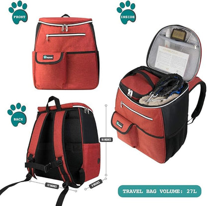 PetAmi Dog Travel Bag Backpack, Airline Approved Dog Bags for Traveling, Puppy Diaper Bag Supplies, Pet Camping Essentials Hiking Accessories Dog Mom Gift, Food Container, Collapsible Bowls, Red