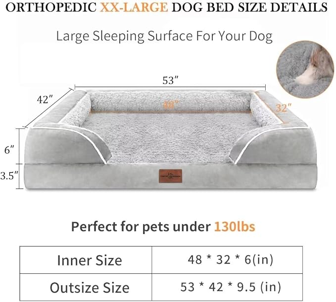 XXL Orthopedic Foam Dog Bed for Extra Large Dogs, Waterproof Orthopedic Dog Beds, Washable Dog Sofa Bed with Removable Cover & Non-Slip Bottom(XX-Large,Grey White)