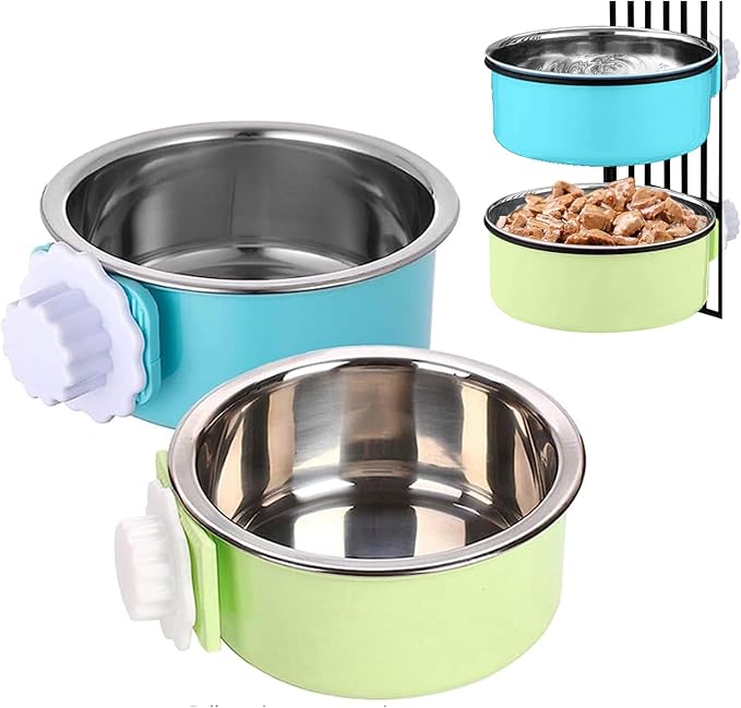 Tfwadmx Crate Dog Bowl Cat Removable Stainless Steel Food and Water Feeder Hanging Cage Bowls Coop Cup with Cleaning Set for Pet Puppy Bird Rat Guinea Pig Ferret Bunny Rabbit 2Pcs