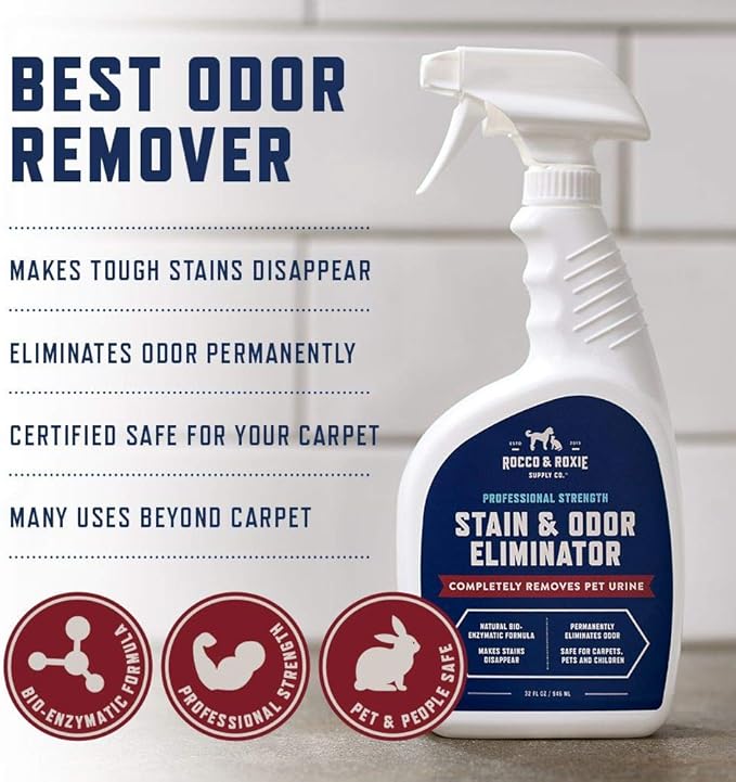 Rocco & Roxie Supply Co. Stain & Odor Eliminator for Strong Odor - Enzyme Pet Odor Eliminator for Home - Carpet Stain Remover for Cats & Dog Pee - Enzymatic Cat Urine Destroyer - Carpet Cleaner Spray