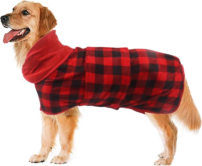 Geyecete Dog Drying Coat -Dry Fast Dog Bag - Dog Bathrobe Towel - Microfibre Fast Drying Super Absorbent Pet Dog Cat Bath Robe Towel,Luxuriously Soft-Red Black Grid-L