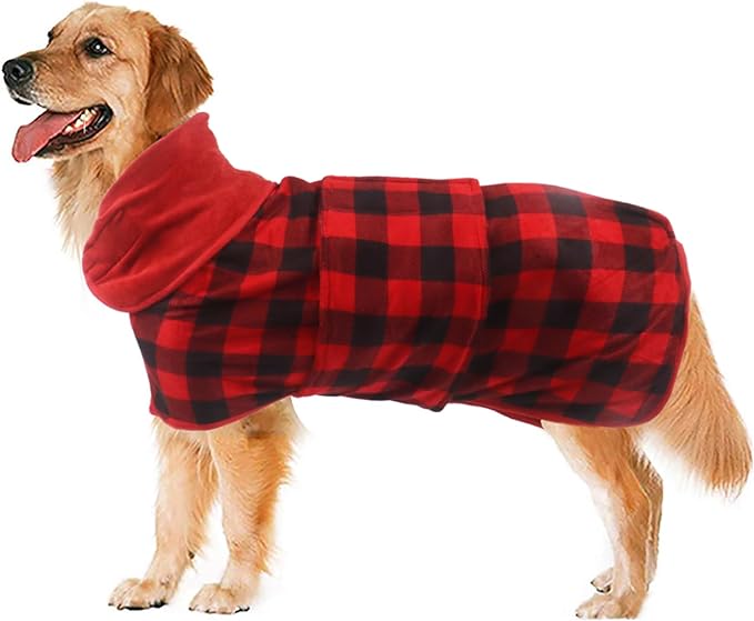 Geyecete Dog Drying Coat -Dry Fast Dog Bag - Dog Bathrobe Towel - Microfibre Fast Drying Super Absorbent Pet Dog Cat Bath Robe Towel,Luxuriously Soft-Red Black Grid-XXL