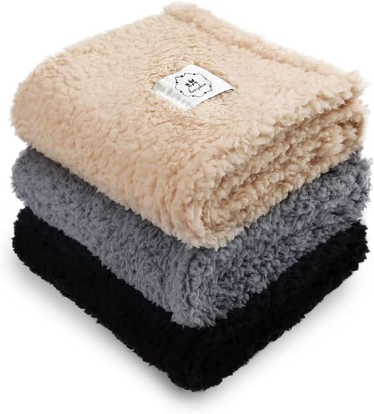 1 Pack 3 Calming Blankets Fluffy Premium Fleece Pet Blanket Soft Sherpa Throw for Dog Puppy Cat Beige/Black/Grey Medium (30" x20'')