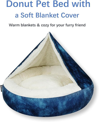 Cozy Soft Dog Bed with Hooded Blanket Warm Calming Cat Cave for Small Medium Dogs and Cats 23x23x6″