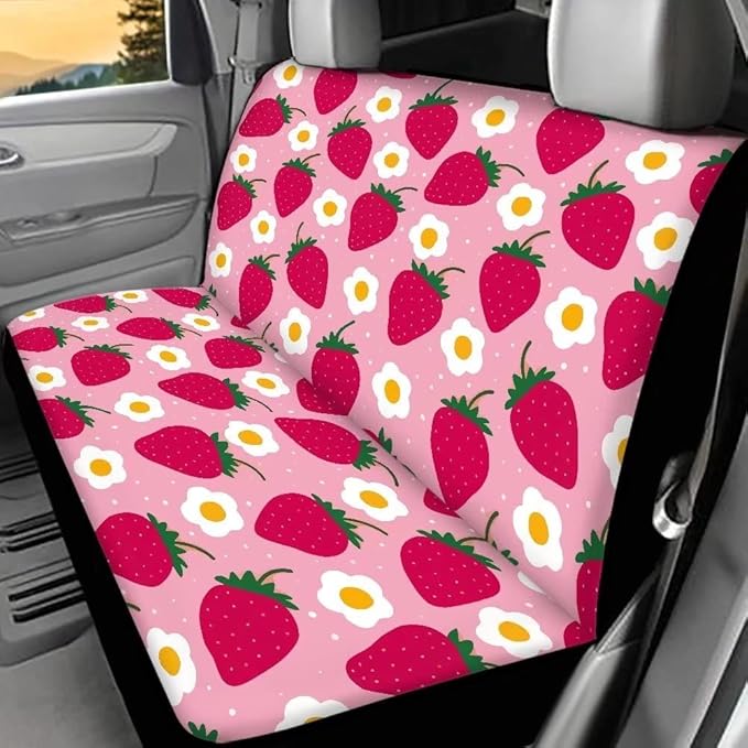 Doojoayie Universal Fit Bench Seat Covers Back Seat Cushion Waterproof Floor Mat for Dogs Cats Pink Strawberry Automotive Seat Covers fits Most Cars