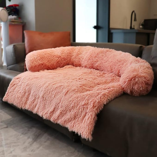 Calming Large Dog Bed, Plush Pet Couch Protector for Dog with Memory Foam Neck Bolster, Universal Pet Furniture Cover, Sofa Bed Cover, Plush Dog Bed Machine Washable Pink Large