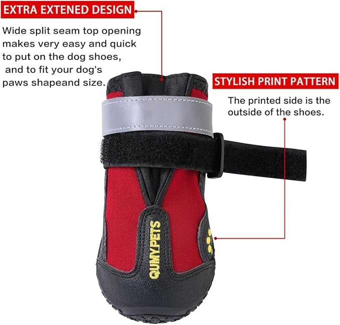 QUMY Dog Shoes for Large Dogs, Medium Dog Boots & Paw Protectors for Winter Snowy Day, Summer Hot Pavement, Waterproof in Rainy Weather, Outdoor Walking, Indoor Hardfloors Anti Slip Sole Red Size 7