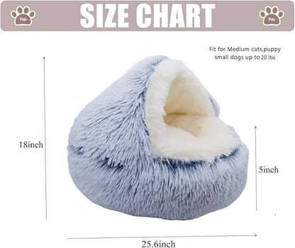 Calming Round Dog Beds &Cat Cave Bed with Hooded Cover 25.6X 25.6inch)