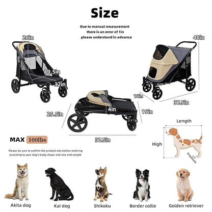 Dog Stroller for Medium/Large Dogs One-Click Folding Totoro 4 Wheel 2 Dogs 110LBS (Beige&Grey)